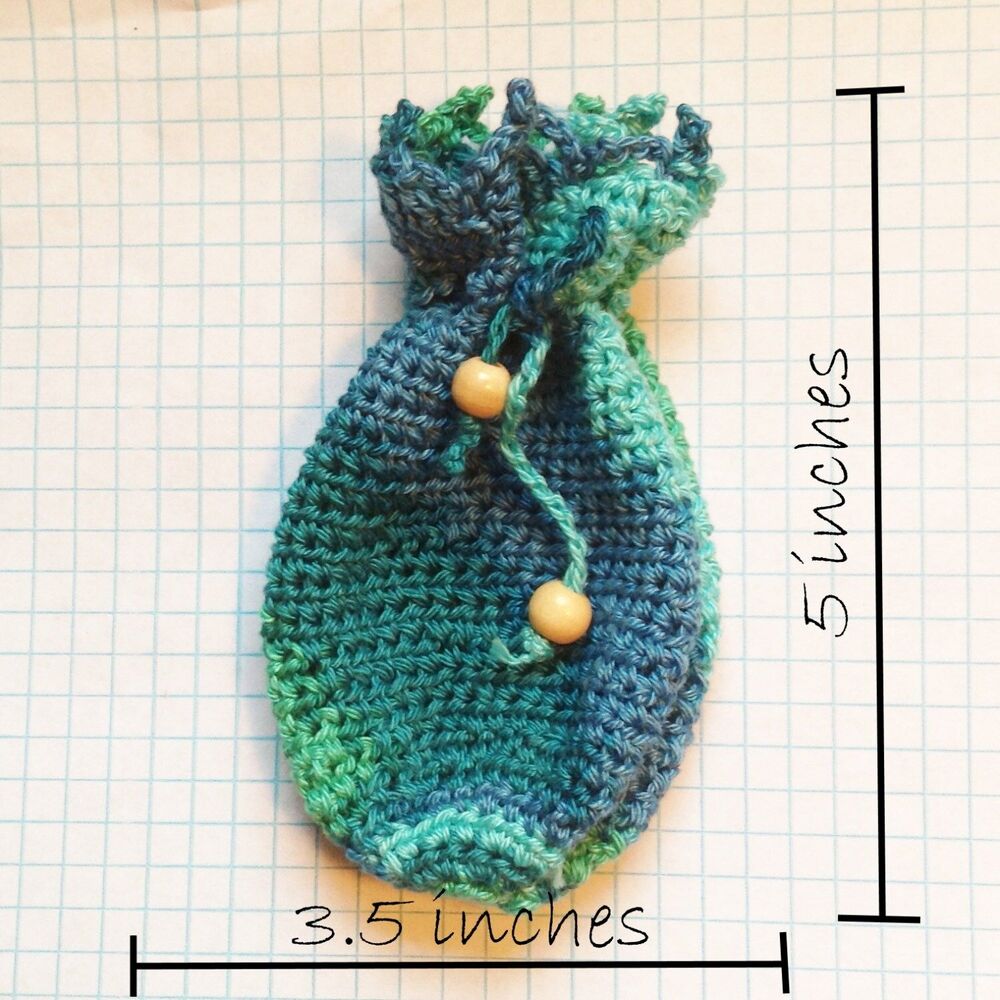 Retro Multi Blue and Sea Green Crochet Drawstring Bag ~ Pouch ~ Coin Purse - Picture 2 of 2